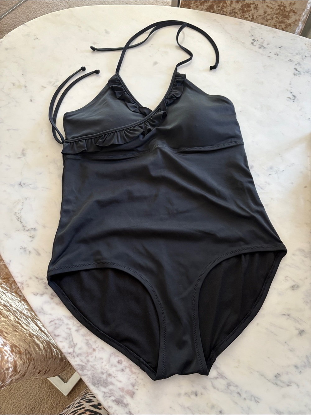 Athleta Black Ruffle One-Piece Footie Swimsuit